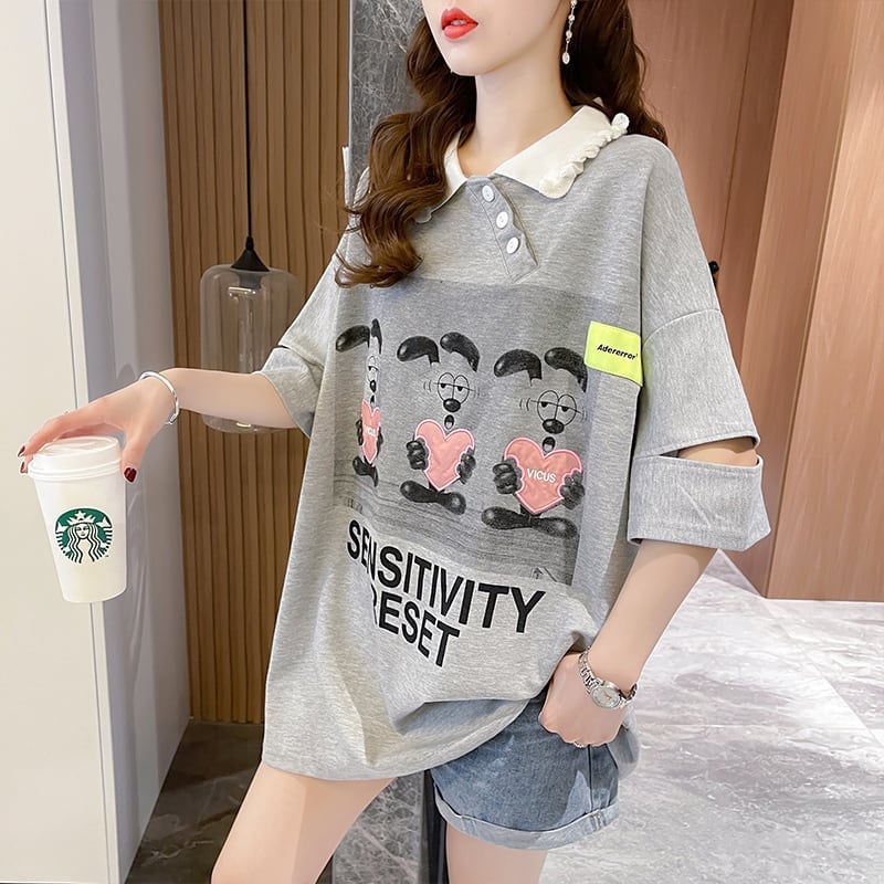 夏新作 POLOネック アルファベットプリント ロング Tシャツ ゆったりワンピース ins-3038