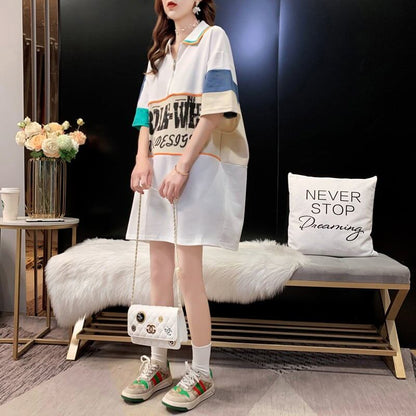 韓国系 POLOネック 切り替え ファスナー ロング Tシャツ 二色 ゆったりワンピース ins-3015