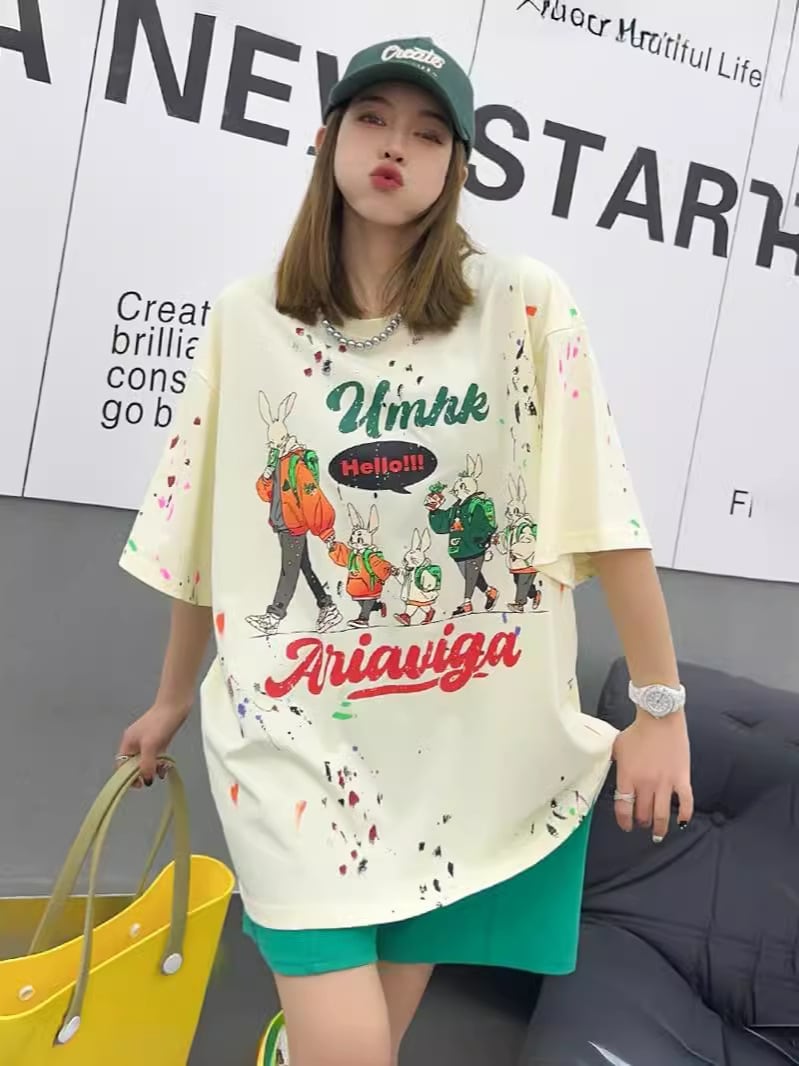 早い者勝ち  ファッション キュート ルーズ 落書き風　プリント半袖Tシャツ 全3色ins-4913