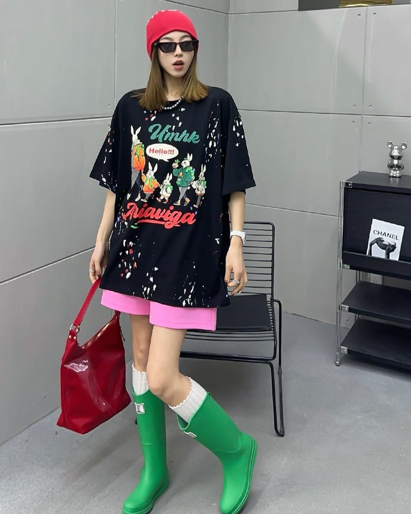 早い者勝ち  ファッション キュート ルーズ 落書き風　プリント半袖Tシャツ 全3色ins-4913