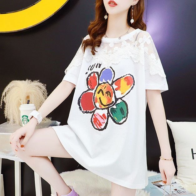 大人可愛い レース 切り替え 透かし彫り プリント全2色 半袖Tシャツ カットソー ins-8560