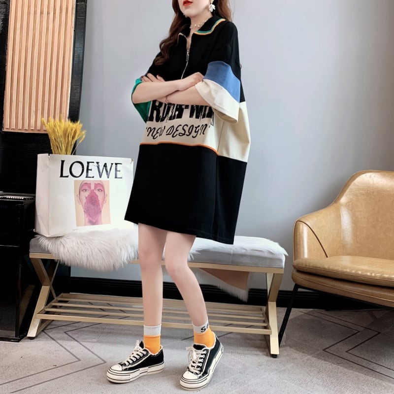 韓国系 POLOネック 切り替え ファスナー ロング Tシャツ 二色 ゆったりワンピース ins-3015
