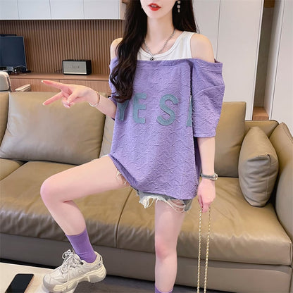新商品 カジュアル ゆったり プリント オープンショルダー 2色 半袖Tシャツins-8282