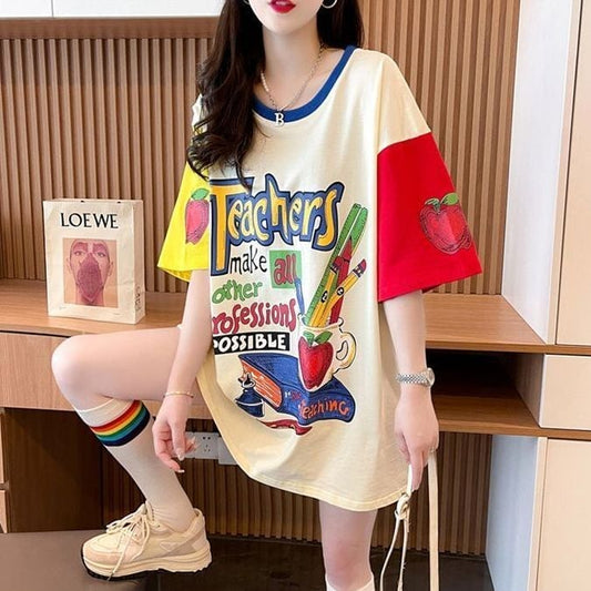 おすすめ 個性派 アルファベット プリントTシャツ ゆったり半袖ins-8090