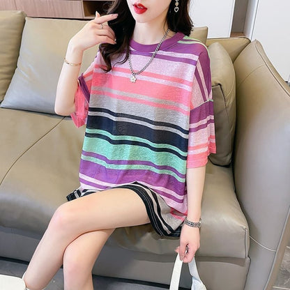 大感謝祭り  UVカット UV対策 ストライプ柄 半袖Tシャツ 全3色ins-4959