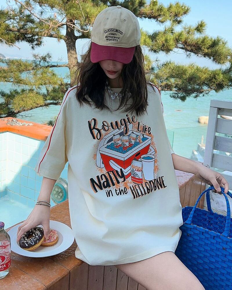 着せ ビッグロゴ ゆったり ロングTシャツ 半袖 ワンピースins-4859