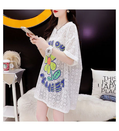 【半額！期間限定！！】新商品 一目惚れ 切り替え 透かし彫り プリント Tシャツ カットソーins-8523