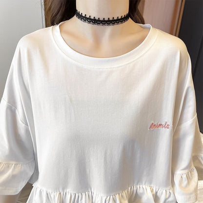 【半額！期間限定！！】合わせやすい フリル 切り替え プリント Tシャツ ゆったりワンピースins-3008