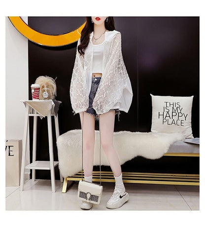 超人気 透け感 UVカット UV対策 長袖レース刺繍シャツ ins-4957