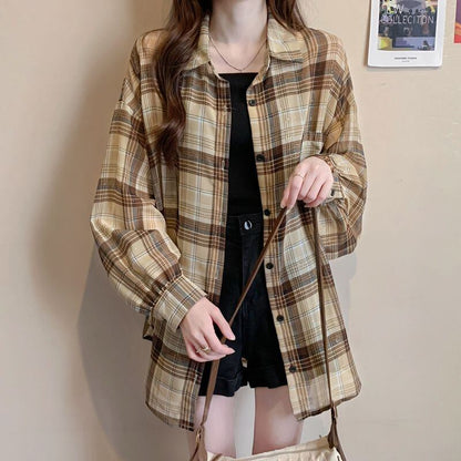 定番シンプル チェック柄 透け感 日焼け対策 全3色 シャツ ins-8544