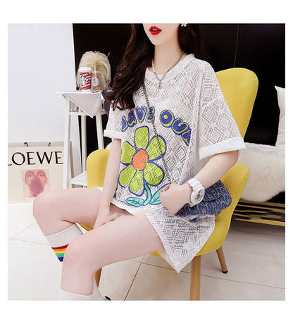 【半額！期間限定！！】新商品 一目惚れ 切り替え 透かし彫り プリント Tシャツ カットソーins-8523