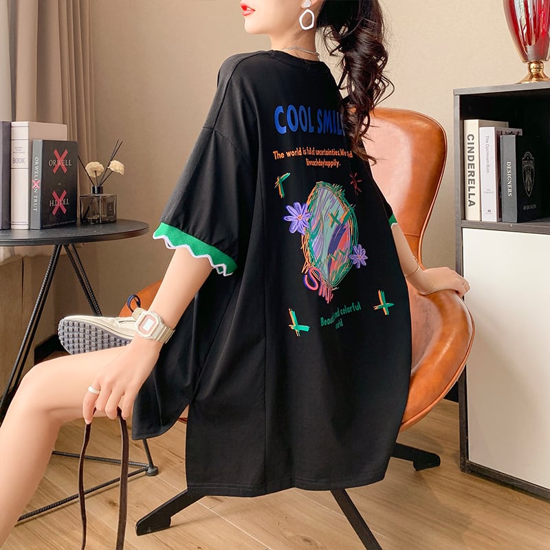 【半額！期間限定！！】デザインセンスニッチなミドル丈半袖Tシャツ新スタイルins-3007