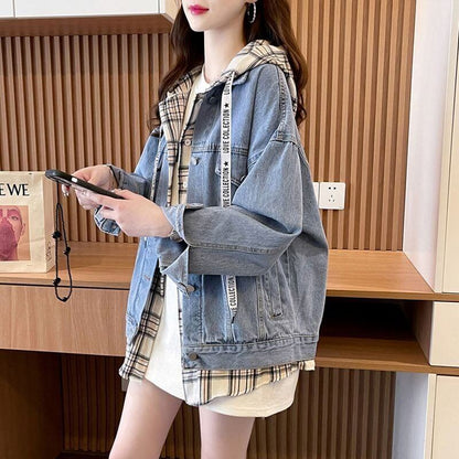 大活躍 レイヤード風 デニムジャケット パーカーins-8049