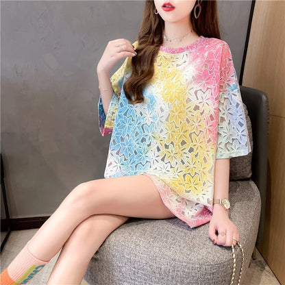 オシャレ度満点 スタイリッシュ ラウンドネック 透かし彫り Tシャツ カットソーins-2957