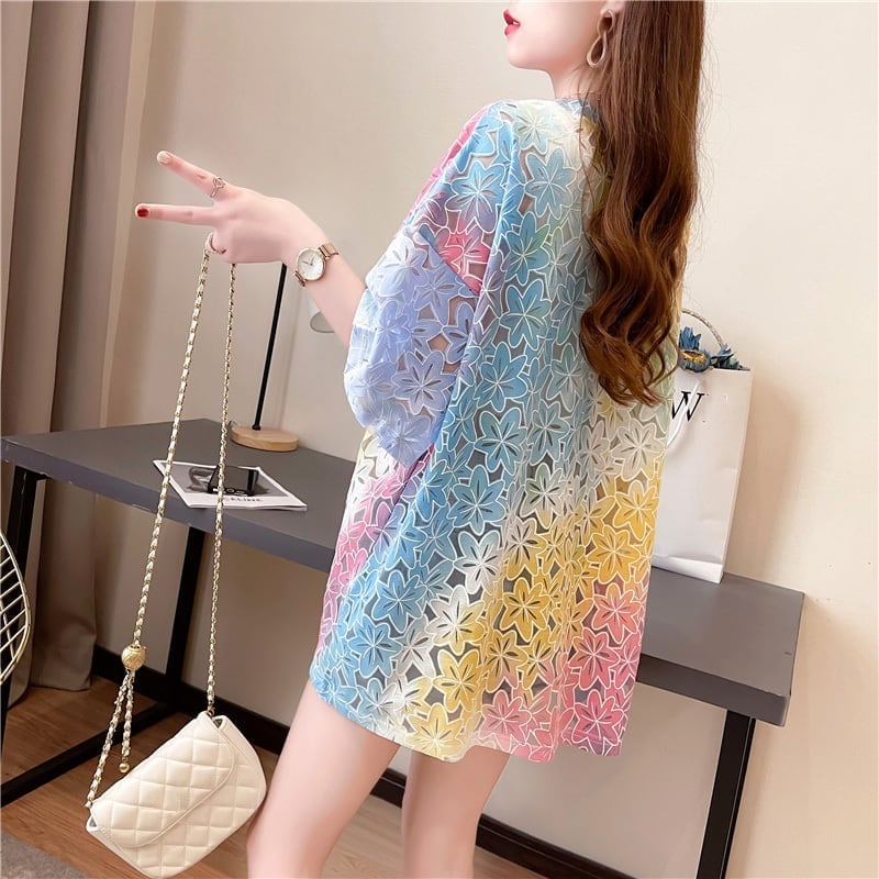 オシャレ度満点 スタイリッシュ ラウンドネック 透かし彫り Tシャツ カットソーins-2957