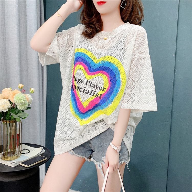 売り切れ必至 キュート ゆったり 透かし彫り半袖Tシャツins-8134