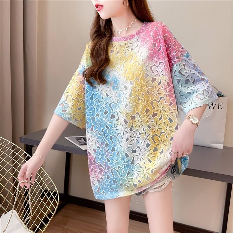 オシャレ度満点 スタイリッシュ ラウンドネック 透かし彫り Tシャツ カットソーins-2957