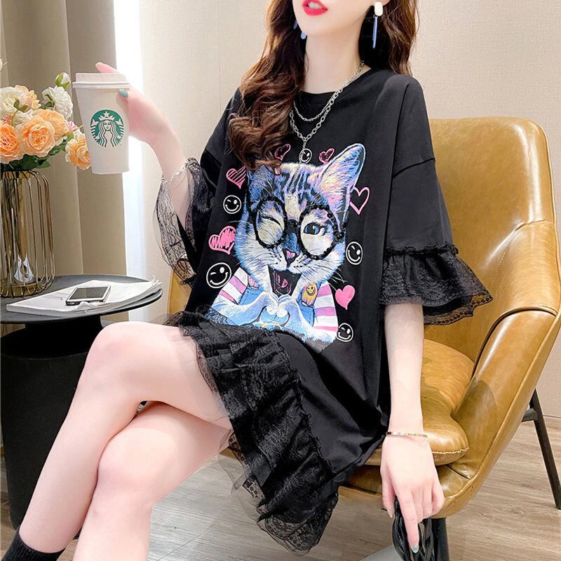 話題沸騰中 キュート ゆったり ロング丈 切り替え 2色半袖Tシャツins-8133