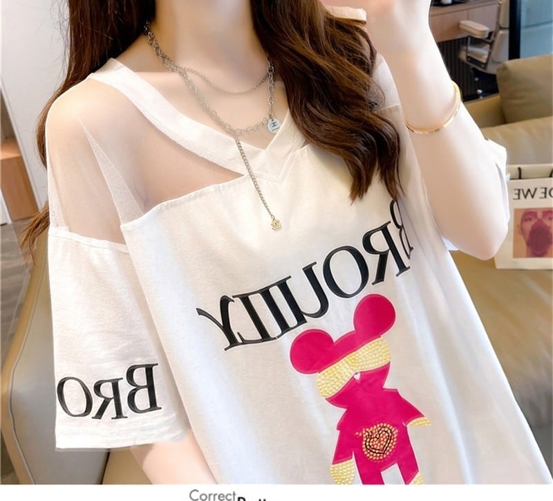 売り切れ必至 セクシー Vネック 切り替え チュール プリントTシャツ ゆったりワンピース ins-3050