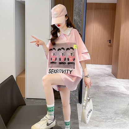 夏新作 POLOネック アルファベットプリント ロング Tシャツ ゆったりワンピース ins-3038