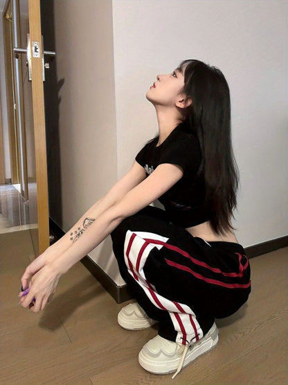 絶対欲しい アバンギャルド ストライプ 柄 切り替え 男女兼用 パンツ ins-4991