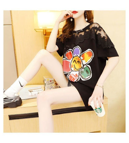 大人可愛い レース 切り替え 透かし彫り プリント全2色 半袖Tシャツ カットソー ins-8560