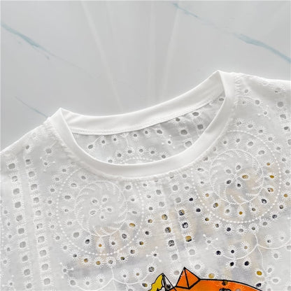 【半額！期間限定！！】新作超注目中空プリントレースルーズTシャツミドル丈ins-3025