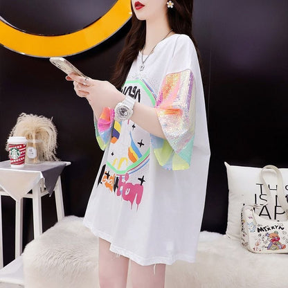 新作 切り替え プリント ピンク プリント スパンコール  全3色 半袖Tシャツins-8165