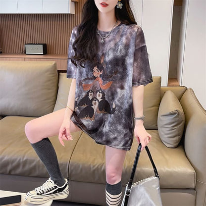 着回し力抜群 アバンギャルド 絞り染め プリント 3色選択 半袖Tシャツins-8575