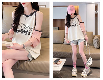 話題沸騰中  ロゴ プリント 肩だし 肌見せ 肩開き ゆったり 3色半袖Tシャツins-8212