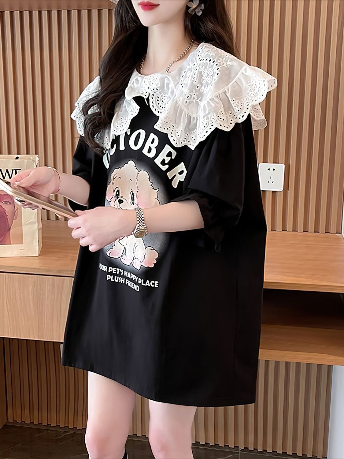 絶対流行 キュートプリント 切り替え ゆったり 5分袖 Tシャツins-8474