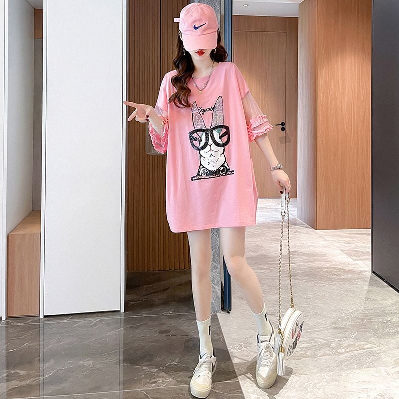 着回し力抜群 新作 チュール 切り替え ピンク プリント スパンコール プリント全3色 半袖Tシャツ カットソー ins-8557