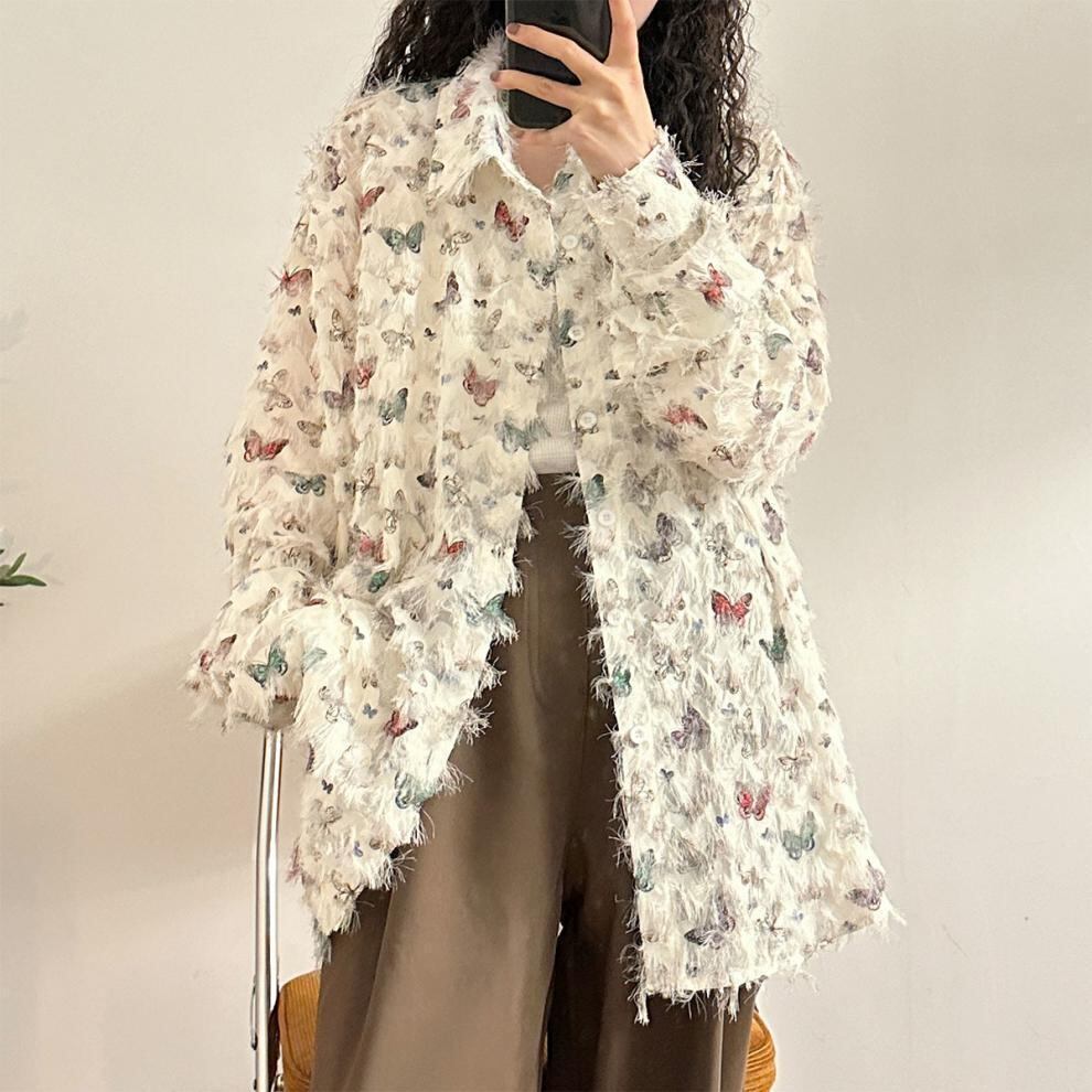 話題沸騰中 カジュアル  美人度アップ  タッセル 花柄 シャツins-4934