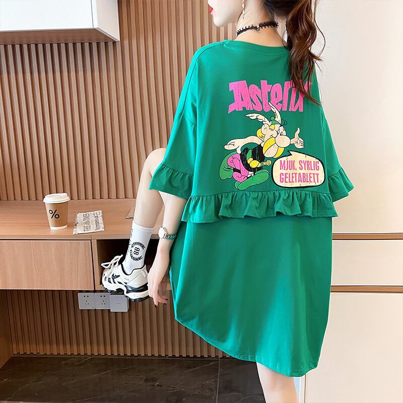 【半額！期間限定！！】合わせやすい フリル 切り替え プリント Tシャツ ゆったりワンピースins-3008