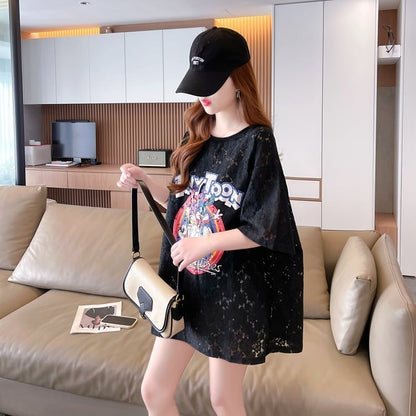ハイエンドデザインセンスレース中空ルーズミドル丈半袖Tシャツins-3035