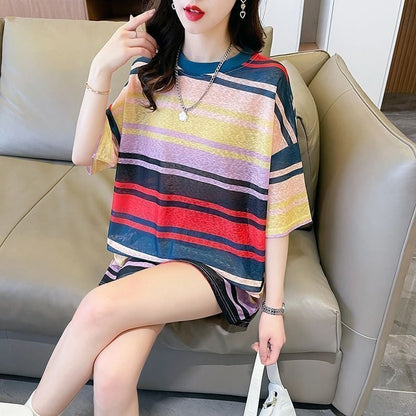 大感謝祭り  UVカット UV対策 ストライプ柄 半袖Tシャツ 全3色ins-4959