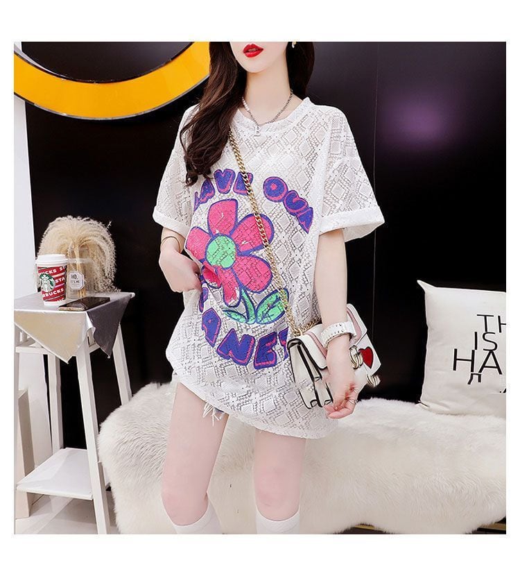 【半額！期間限定！！】新商品 一目惚れ 切り替え 透かし彫り プリント Tシャツ カットソーins-8523