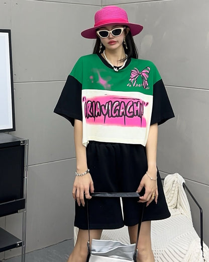 着回し力抜群 韓国系 切り替え三色 ゆったり半袖Tシャツ ins-8455