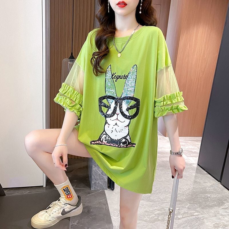 着回し力抜群 新作 チュール 切り替え ピンク プリント スパンコール プリント全3色 半袖Tシャツ カットソー ins-8557