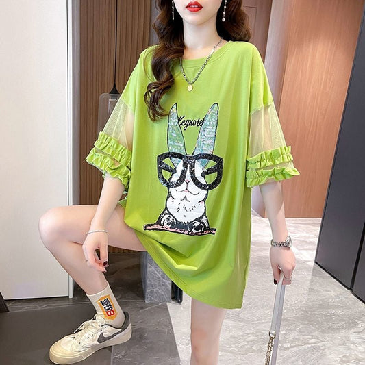 着回し力抜群 新作 チュール 切り替え ピンク プリント スパンコール プリント全3色 半袖Tシャツ カットソー ins-8557