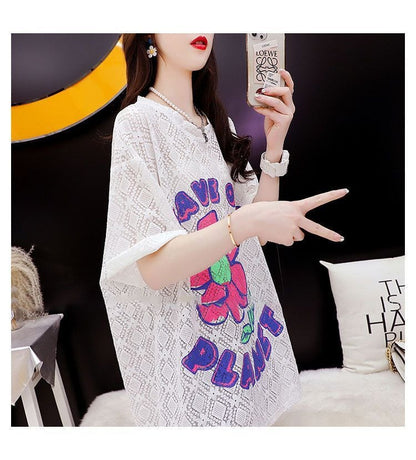 【半額！期間限定！！】新商品 一目惚れ 切り替え 透かし彫り プリント Tシャツ カットソーins-8523
