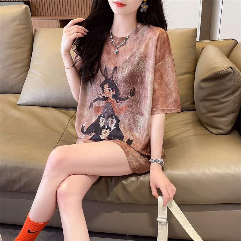 着回し力抜群 アバンギャルド 絞り染め プリント 3色選択 半袖Tシャツins-8575