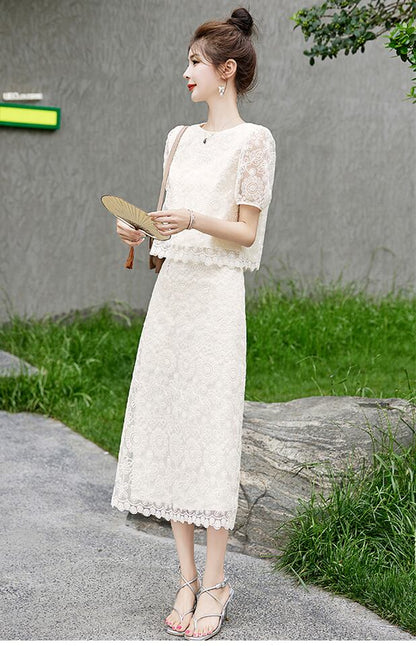 絶対欲しい上品  知的 レース 透かし彫り 半袖Ｔシャツⅹロングスカートセットins-8217