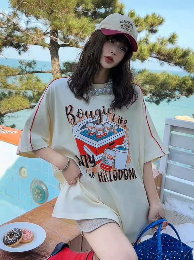 着せ ビッグロゴ ゆったり ロングTシャツ 半袖 ワンピースins-4859