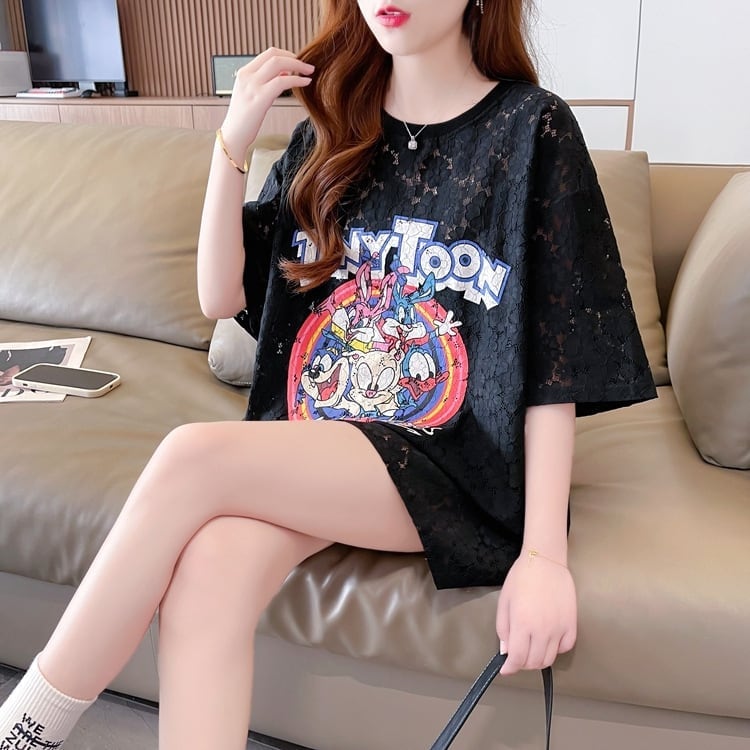 ハイエンドデザインセンスレース中空ルーズミドル丈半袖Tシャツins-3035