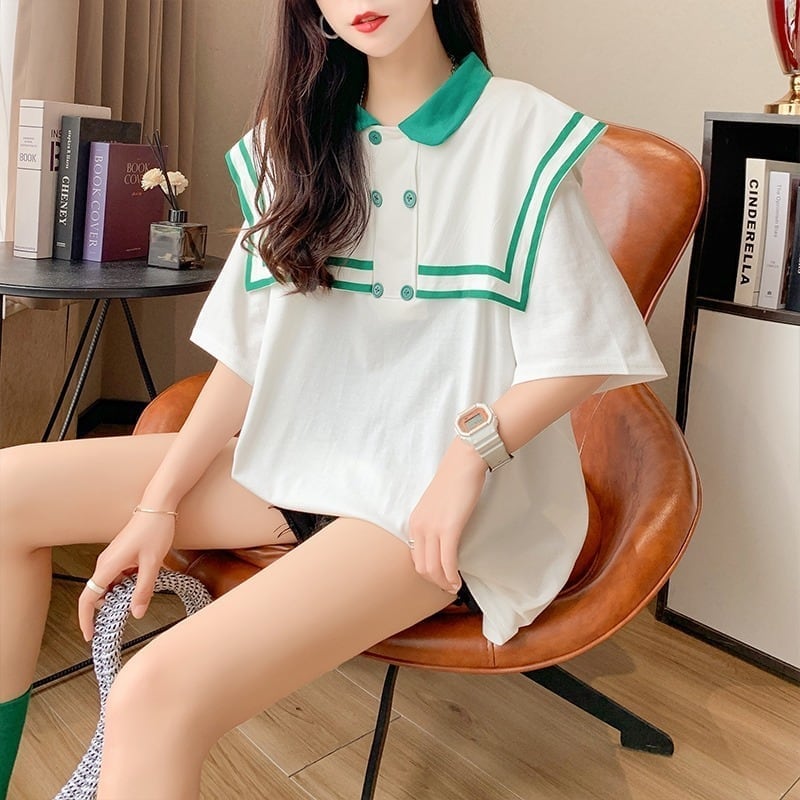 絶対欲しい セーラーカラー ロング Tシャツ 三色 ゆったりワンピースins-4028