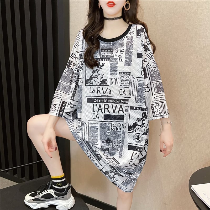 オシャレ度満点 一目惚れ プリント 切り替え ワンピース Tシャツ カットソーins-3122