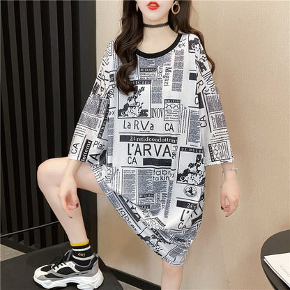 オシャレ度満点 一目惚れ プリント 切り替え ワンピース Tシャツ カットソーins-3122