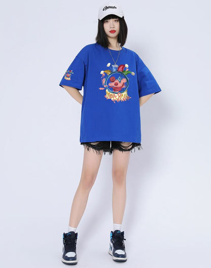 話題沸騰中 カジュアル ゆったり プリント 6色 半袖Tシャツins-8164