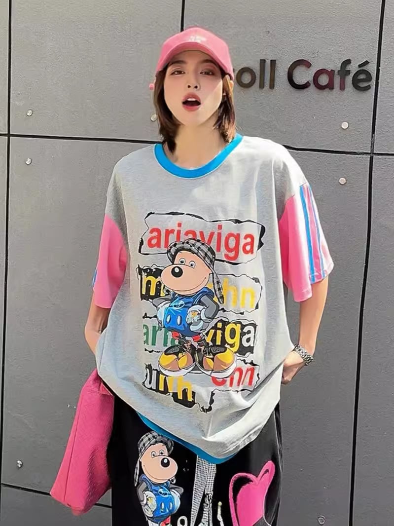 話題沸騰中 カジュアル  ゆったり プリント カラーマッチング 半袖Tシャツins-8067